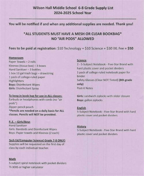 6-8th Grade supply list